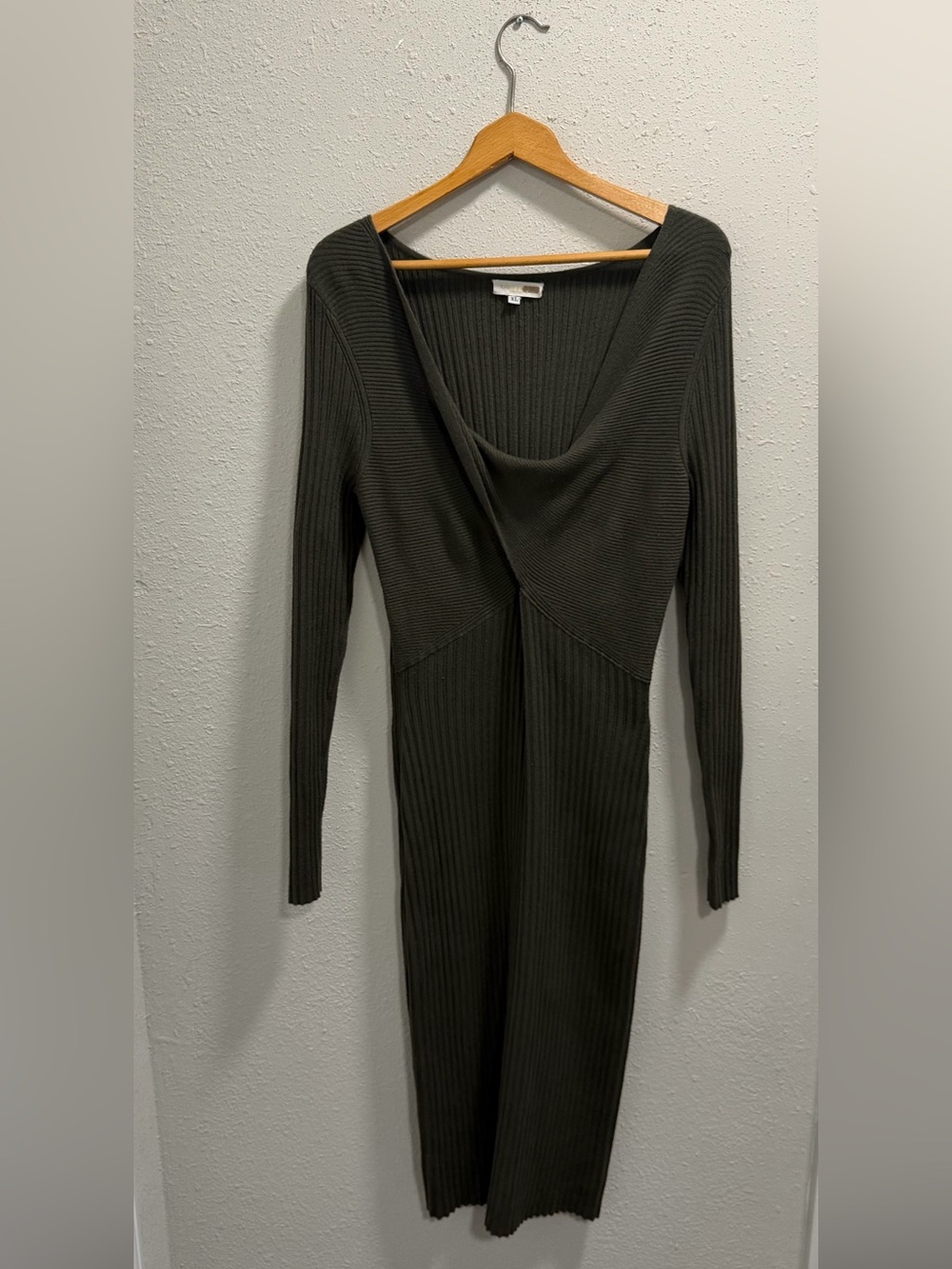 Ramy Brook XL Olive Green Ribbed Cowl Neck Midi Long Sleeve Stretch Dress